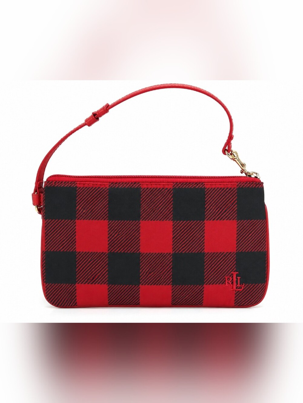 Lauren Ralph Lauren LRL Buffalo Check Wristlet Red Black Plaid Zip Pochette Hand
